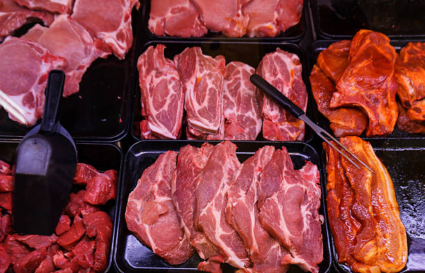 istock various meat in a supermarket. 498996909