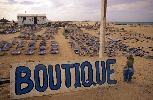 A sandy beach on the island of Jierba in the south of Tunisia in North Africa.