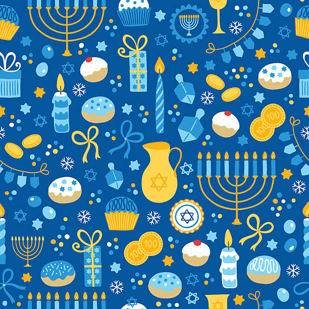 illustrazioni stock, clip art, cartoni animati e icone di tendenza di hanukkah seamless pattern con menorah, candele, donuts, garland, cupcake, candele, dreidel - ribbon nobody cupcake celebration