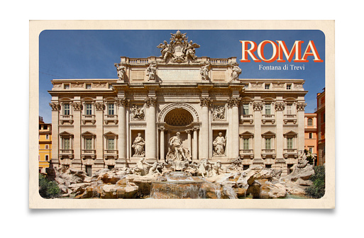 Rome, Italy, Trevi Fountain: old travel vintage postcard with 60' and 70' design style. Isolated on white background with clipping path (path excludes shadow).