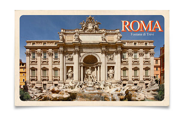 Vintage postcard: Rome, Italy, Trevi Fountain Rome, Italy, Trevi Fountain: old travel vintage postcard with 60' and 70' design style. Isolated on white background with clipping path (path excludes shadow). postcard stock pictures, royalty-free photos & images