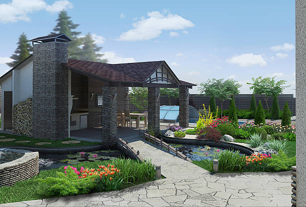 istock Landscaping decorative pond and garden pavilion, 3D render 499000466