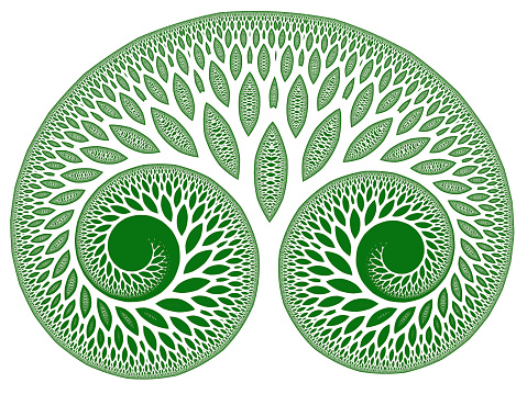 This green tree of life symbol is found deep within a mathematical fractal pattern image. The leafy branches break down into twigs, while the interstices between branches fill with a variety of shapes. Colours here are green and white only. The tree of life, or cosmic tree, is a universal feature in religion and philosophy. Celtic Ogham alphabetic symbols even allow you to write messages with trees. A tree connects the Earth to the sky, and also symbolises the spreading evolution of life. Like other fractals, this image is a kind of mathematical graph laid out as a picture. A number is put into an equation, and the answer is recorded as a coloured dot. That answer is then put into the same equation to generate a second answer, which is also recorded. This procedure is repeated thousands of times, with each new answer being used to generate the next one. The end results can be astonishingly complicated and beautiful, and any part of the image may be enlarged in order to reveal even more complexity.