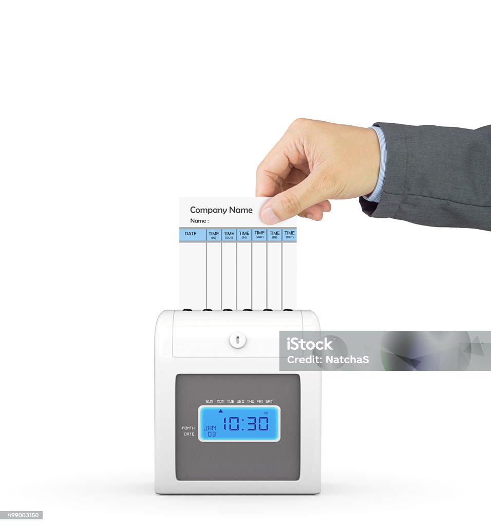 Hand putting paper card in time recorder with clipping path Hand putting paper card in time recorder machine with clipping path Punching Stock Photo