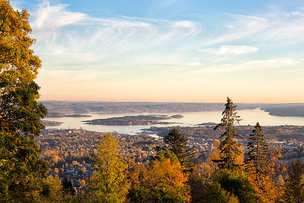 Fiordo de Oslo en otoño desde las colinas, Noruega - foto de stock