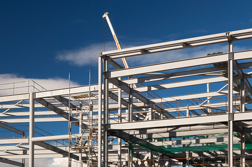 Metal construction frame on a business development site near Aberdeen, Scotland, UK. Site is being developed for retail, business and hotels.