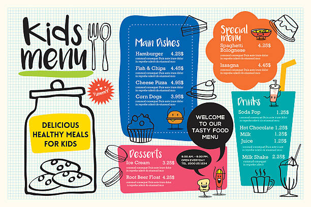 illustrazioni stock, clip art, cartoni animati e icone di tendenza di carino colorato modello di menu per bambini - childrens food