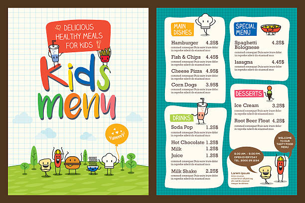 Cute colorful kids meal menu template Cute colorful kids meal menu vector template chef borders stock illustrations