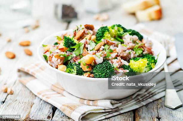 Broccoli Chickpea Cilantro Almond White And Red Rice Stock Photo - Download Image Now