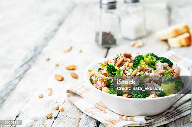 Broccoli Chickpea Cilantro Almond White And Red Rice Stock Photo - Download Image Now