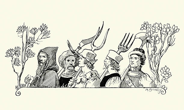 Rebels of the Peasants Revolt Vintage victorian engraving of Rebels of the Peasants Revolt antique pitchfork stock illustrations