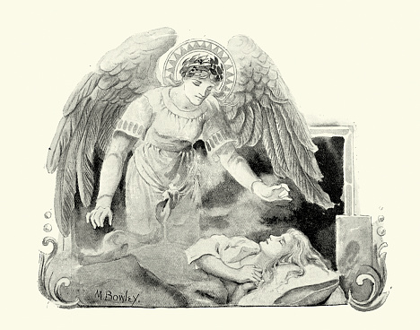 Vintage engraving of a Guardian Angel looking after a sleeping child