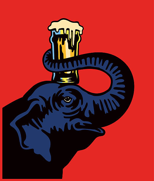 Smiling elephant holding beer pint glass on head with snout Elephant holding ice cold beer pint glass on its head with snout beer brands stock illustrations