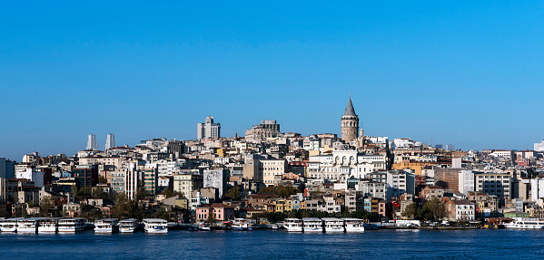 A picture of the buildings and waterfront of the Beyoglu district, with the Galata Tower on the center right.