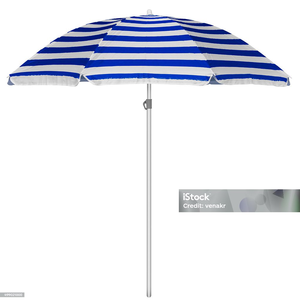 Beach striped umbrella - blue Blue striped beach umbrella isolated on white. Clipping path included. Beach Umbrella Stock Photo