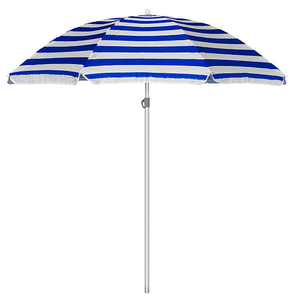 Beach striped umbrella - blue Blue striped beach umbrella isolated on white. Clipping path included. beach umbrella stock pictures, royalty-free photos & images