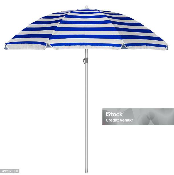 Beach Striped Umbrella Blue Stock Photo - Download Image Now - Beach Umbrella, White Background, Parasol