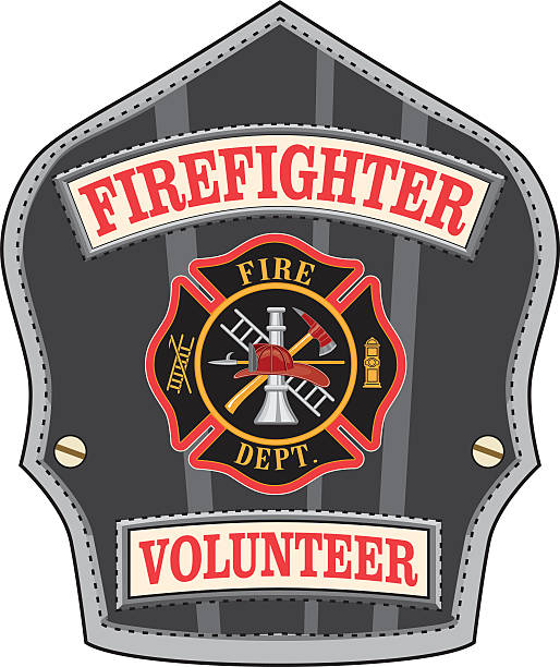 Firefighter Volunteer Badge Illustration of a volunteer firefighter’s or fireman’s shield or badge with a Maltese cross and firefighter tools logo. firefighter shield stock illustrations