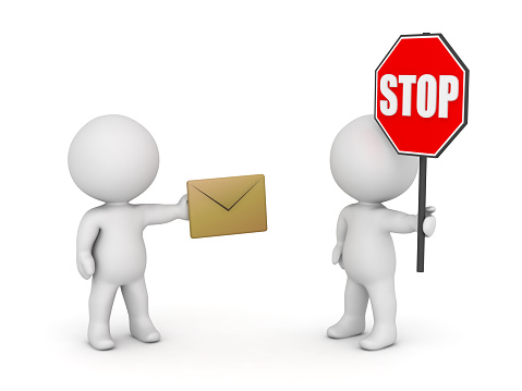 3D character with mail envelope and character with Stop sign. Stop email spam concept. Isolated on white background.