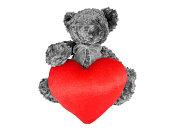 Teddy bear in black & white holding big red heart