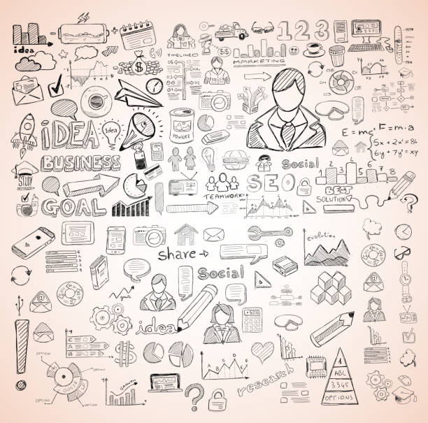 Business doodles Sketch set : infographics elements isolated, Business doodles Sketch set : infographics elements isolated, vector shapes. It include lots of icons included graphs, stats, devices,laptops, clouds, concepts and so on. manager drawings stock illustrations