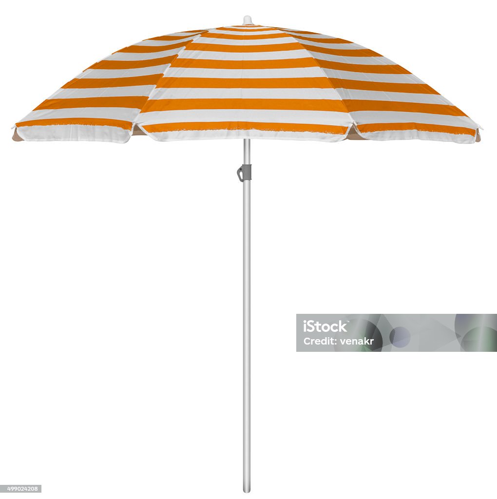 Beach striped umbrella - orange Orange striped beach umbrella isolated on white. Clipping path included. Beach Umbrella Stock Photo