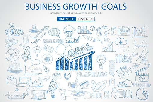 Business Growth Goals concet with Doodle design style :finding solution, brainstorming, creative thinking. Modern style illustration for web banners, brochure and flyers.