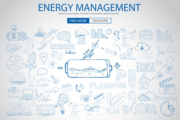 ilustraciones, imágenes clip art, dibujos animados e iconos de stock de gestión de energía con estilo de diseño doodle: ahorro de energía - business leadership backgrounds light bulb
