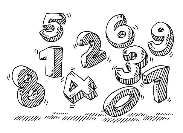 Flying Numbers Drawing Hand-drawn vector drawing of Flying Numbers. Black-and-White sketch on a transparent background (.eps-file). Included files are EPS (v10) and Hi-Res JPG. clip art of number nine stock illustrations