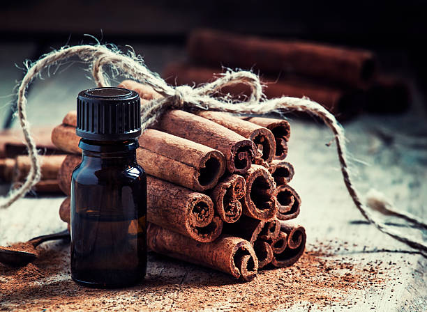 istock Essential cinnamon oil in a small bottle 499049216