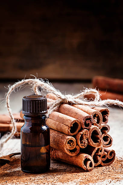 istock Essential cinnamon oil in a small bottle 499049652