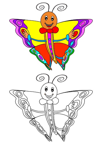 Smiling colorful butterfly as a coloring book for kids - illustration