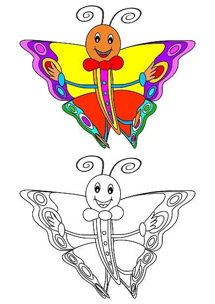 Smiling colorful butterfly as a coloring book for kids - illustration