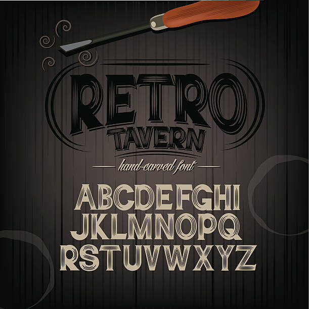 Stylized pub tavern bar carved hand drawn font Stylized pub tavern bar carved hand drawn font alphabet. Perfect for label design. Carvings are knocked out of letters and lets background show through. EPS 10 royalty free vector illustration. frieze stock illustrations