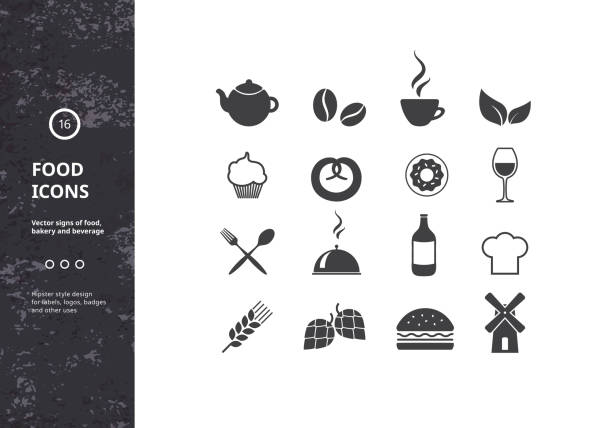 illustrazioni stock, clip art, cartoni animati e icone di tendenza di set vettoriale di segni di cibo e bevande: pasticceria - coffee bagel donut coffee cup
