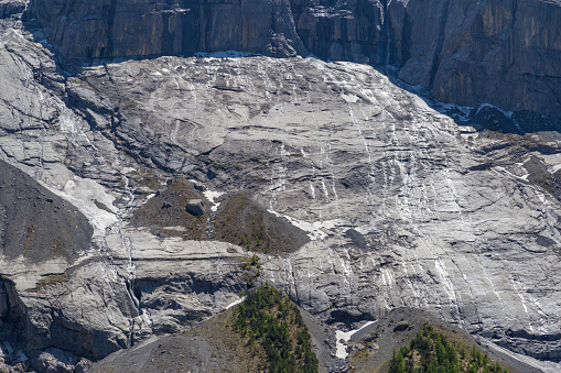 View of mountain rocks and ice-capped Swiss Alps near Oeschinensee (Oeschinen lake), on Bernese Oberland, Switzerland