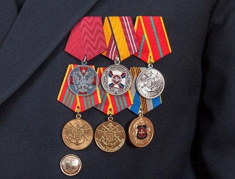 SAMARA, RUSSIA - JUNE 3, 2014: Different awards and medals on the russian navy uniform