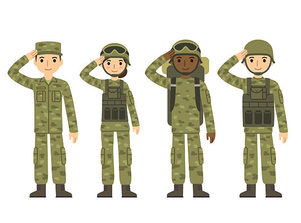 ilustraciones, imágenes clip art, dibujos animados e iconos de stock de ejército de historieta personas - veteran military armed forces saluting