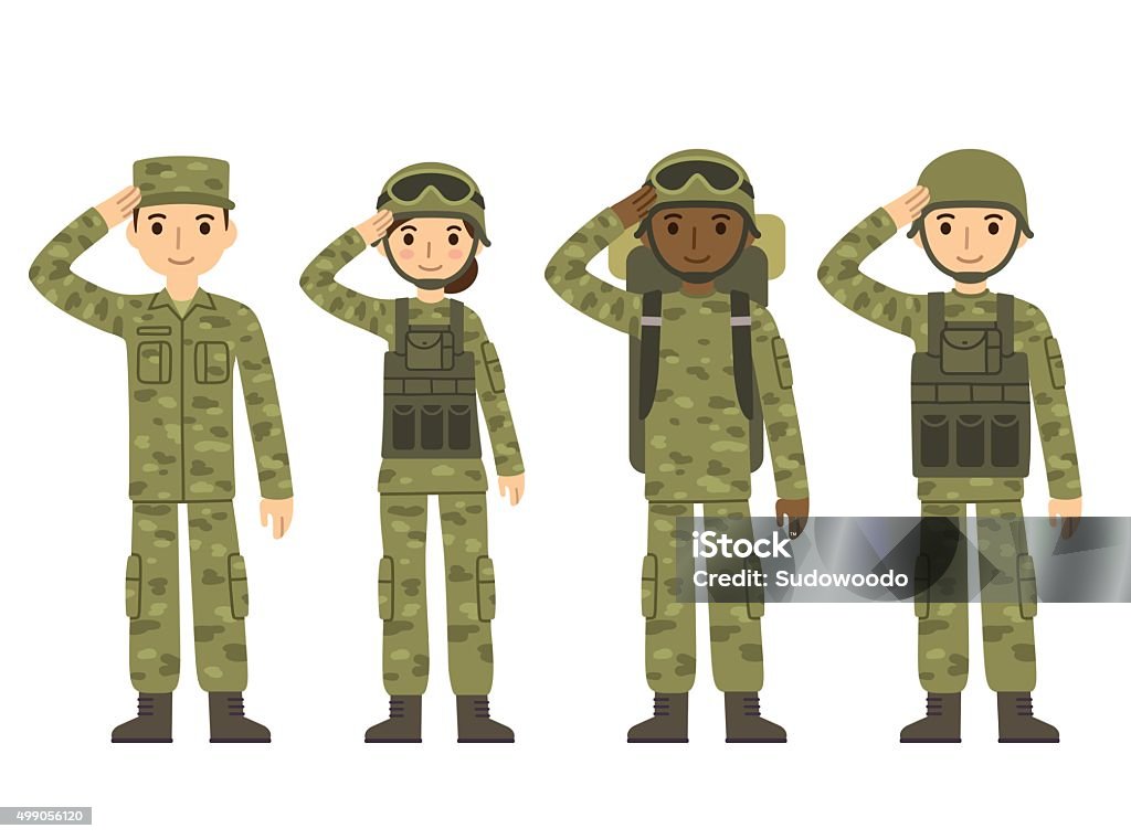 Cartoon army people US Army soldiers, men and woman, in camouflage combat uniform saluting. Cute flat cartoon style. Isolated vector illustration. Armed Forces stock vector