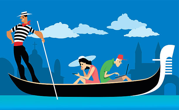 Modern travel Couple of tourists riding a Venetian gondola, staring at their wifi gadgets, ignoring the scenery, EPS 8 vector illustration, no transparencies Distracted stock illustrations
