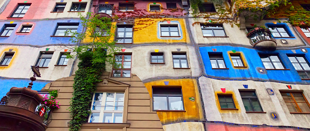 Hundertwasser House (Hundertwasserhaus) - a house in Vienna, Austria. Designed by Austrian artist and architect Friedensreich Hundertwasser with the architect Josef Cravinho.