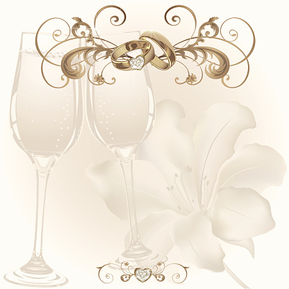 Wedding invitation with diamond rings, shampagne wine glasses and white lily. Files include: Illustrator CS5, Illustrator 10.0 eps, SVG 1.1, pdf 1.5, JPEG 300 dpi, organized by layers, easy to edit.