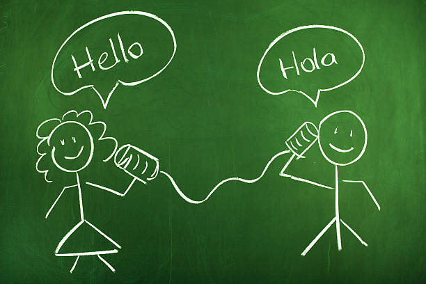 Tin Can Phone Conversation Spanish and English Chalk drawing of stick figures talking on tin can phones. One say HELLO - the other say HOLA  bilingual stock pictures, royalty-free photos & images