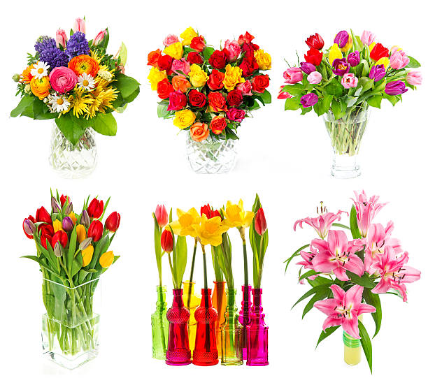 beautiful bouquet of colorful flowers over white beautiful bouquet of colorful flowers in a vase. tulips, roses, narcissus, lily blossoms over white background. holidays decoration hyacinth red stock pictures, royalty-free photos & images