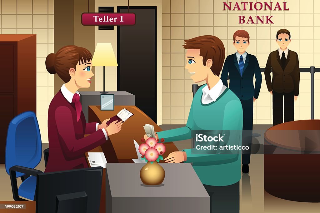 Bank Teller Servicing A Customer In The Bank Stock Illustration - Download Image Now - Bank Teller, Cartoon, Men
