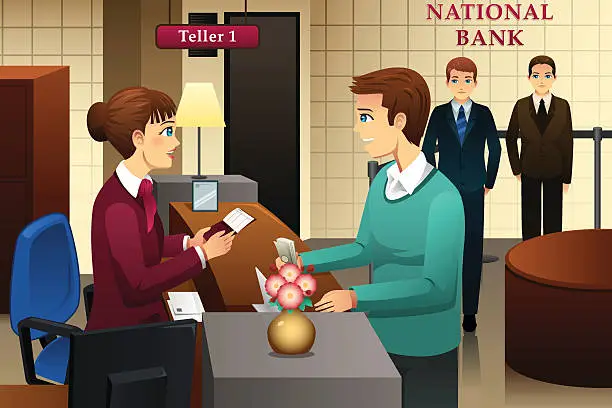 Vector illustration of Bank teller servicing a customer in the bank