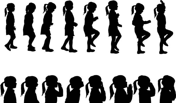 Vector silhouettes girl. Vector silhouettes girl in profile on white background. beautiful woman walking stock illustrations