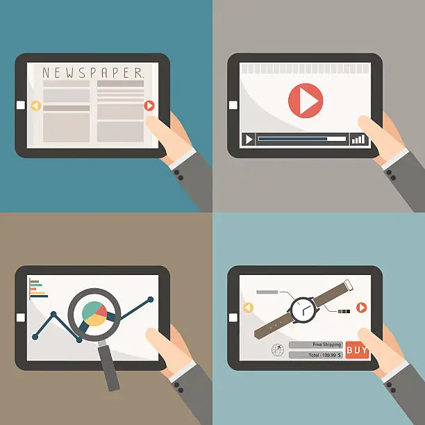 Vector illustration of function of tablet on the hand