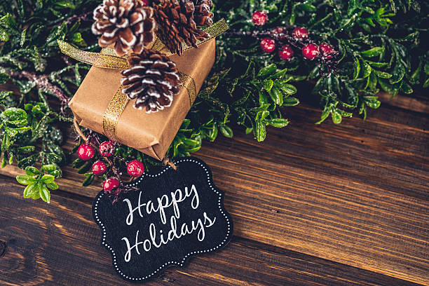 Rustic Christmas gift with Happy Holidays gift tag