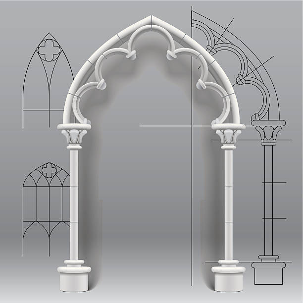 Gothic arch Vector image of the gothic arch against a paper background with architectural draft. EPS10. Contains transparent objects used for shadows effects. Zip-file includes: AI (v.10), JPEG (5000x5000) with the Clipping Path church borders stock illustrations